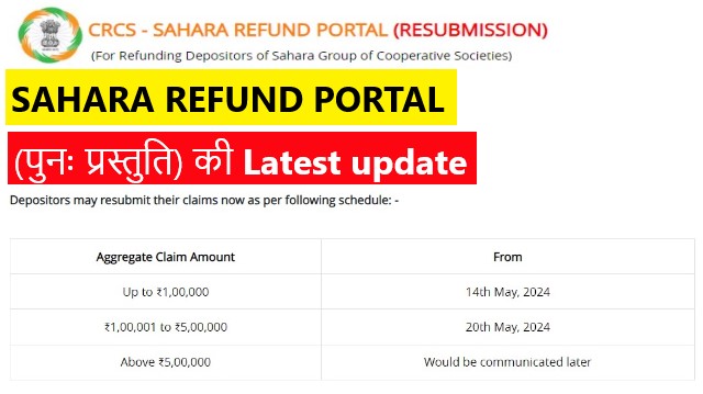 SAHARA REFUND PORTAL (RESUBMISSION) की Latest update: दावों की पुनः ₹5,00,000 तक