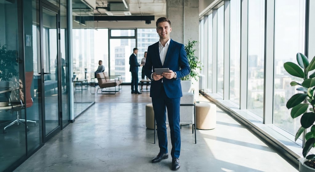 15 Google Gemini AI Photo Editing Prompts for Boys: Trending Free Copy-Paste Style That Goes Viral 3 A photorealistic image of a young man in a suit standing in a modern office.