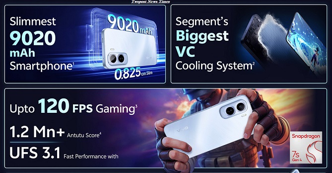 Vivo T5 Pro smartphone with 9020mAh battery in Glacier Blue color